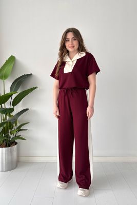 Açık Yaka Modal Takım Bordo - Thumbnail