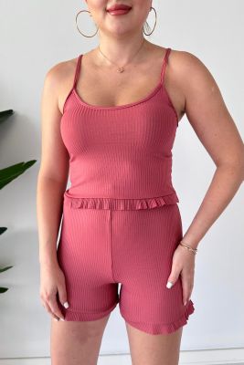 Askılı Pijama Takım Koyu Pudra - Thumbnail