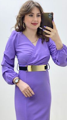 Ayna Kemerli Krep Elbise Lila Lila - Thumbnail