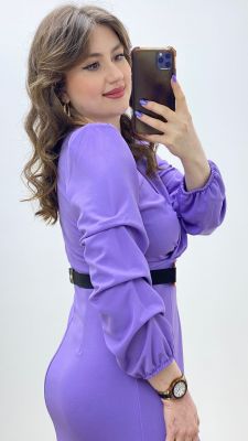 Ayna Kemerli Krep Elbise Lila Lila - Thumbnail