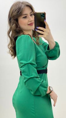 Ayna Kemerli Krep Elbise Yeşil Yeşil - Thumbnail