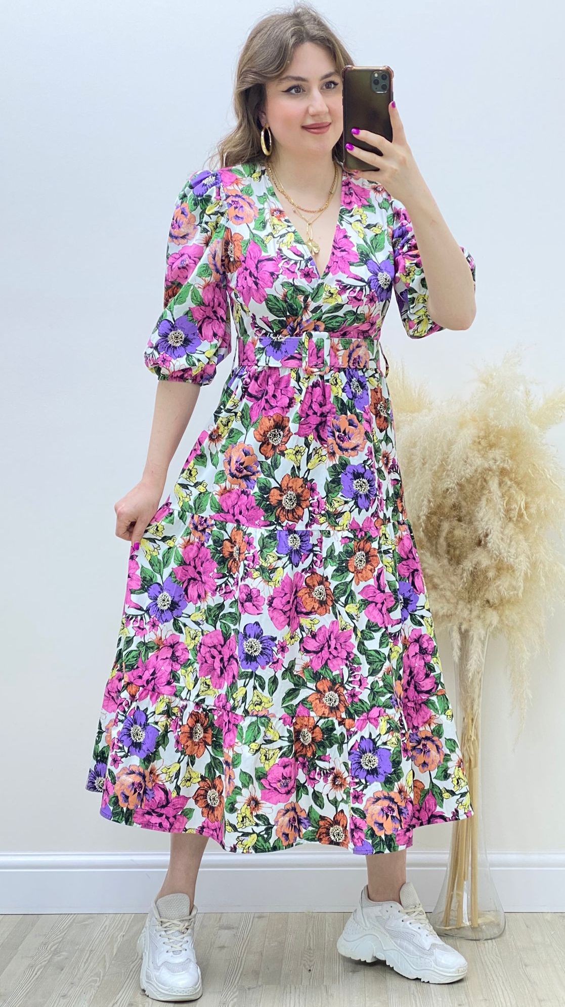 Balon Kol Floral Poplin Elbise