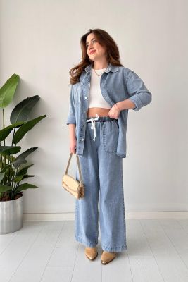 Bol Paça Denim Takım Mavi - Thumbnail
