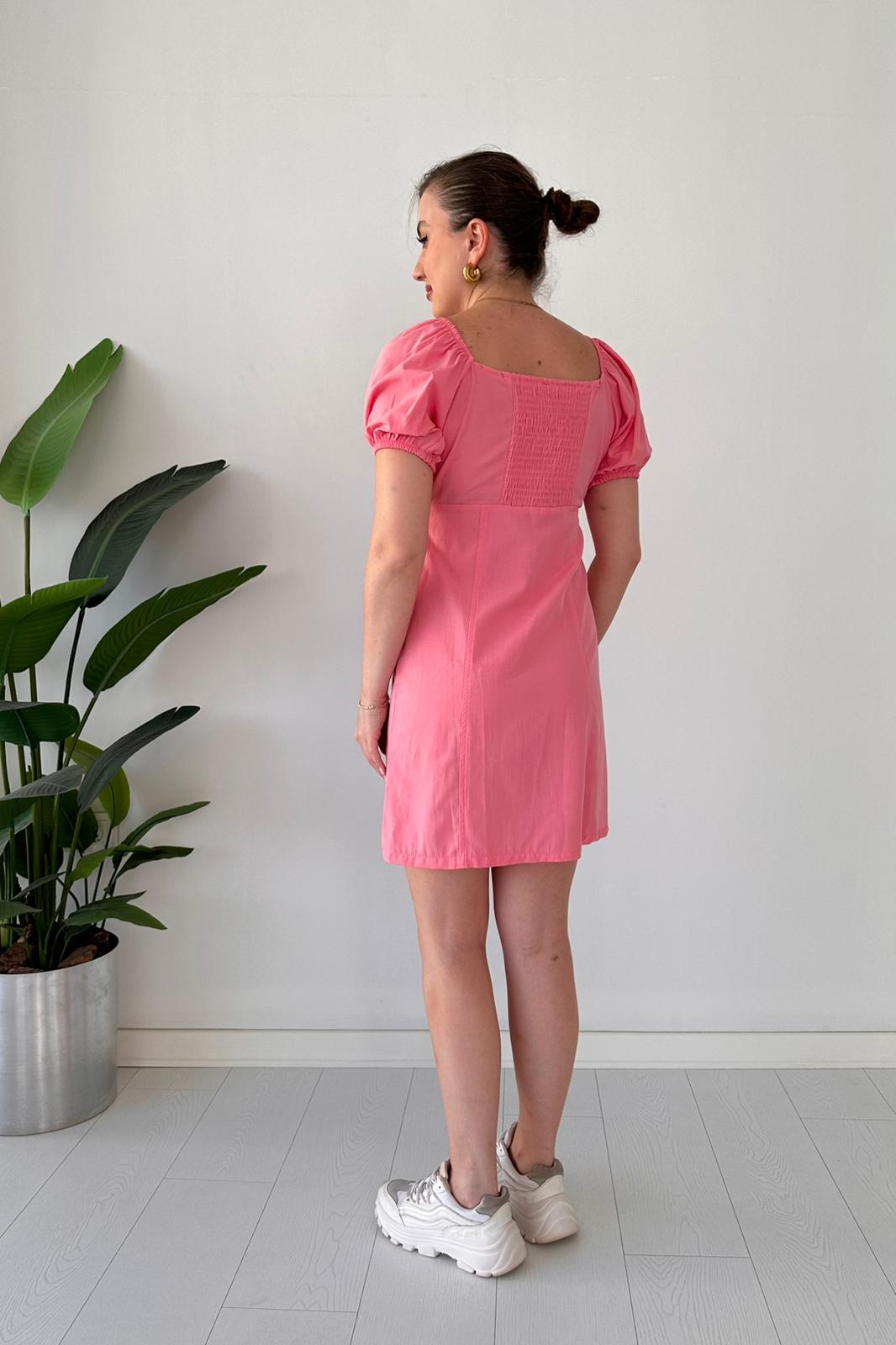 Büzgü Yaka Elbise Pembe - Thumbnail