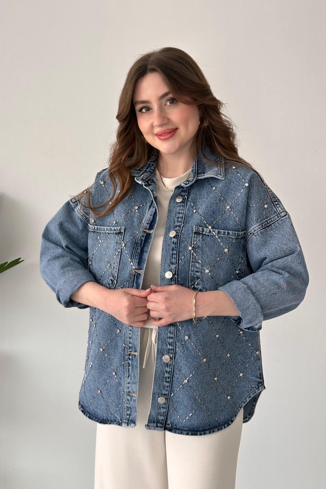 Çapraz Taşlı Denim Ceket Mavi - Thumbnail