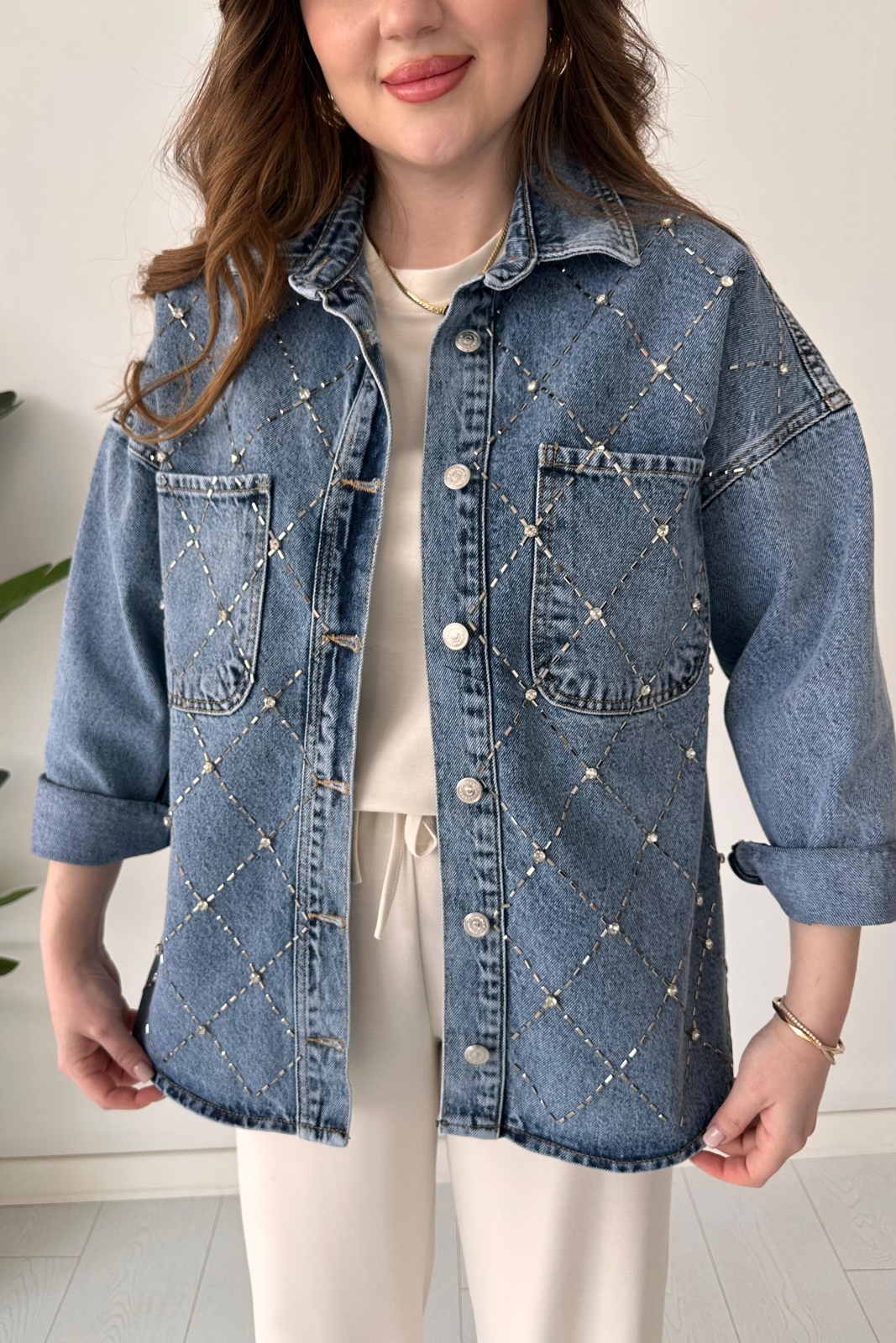 Çapraz Taşlı Denim Ceket Mavi - Thumbnail