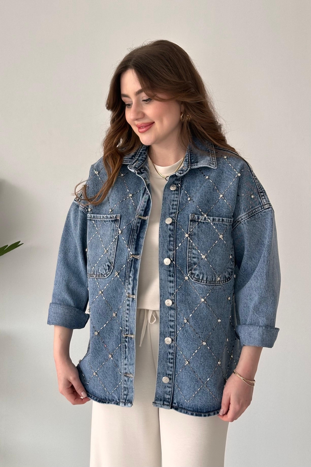 Çapraz Taşlı Denim Ceket Mavi - Thumbnail