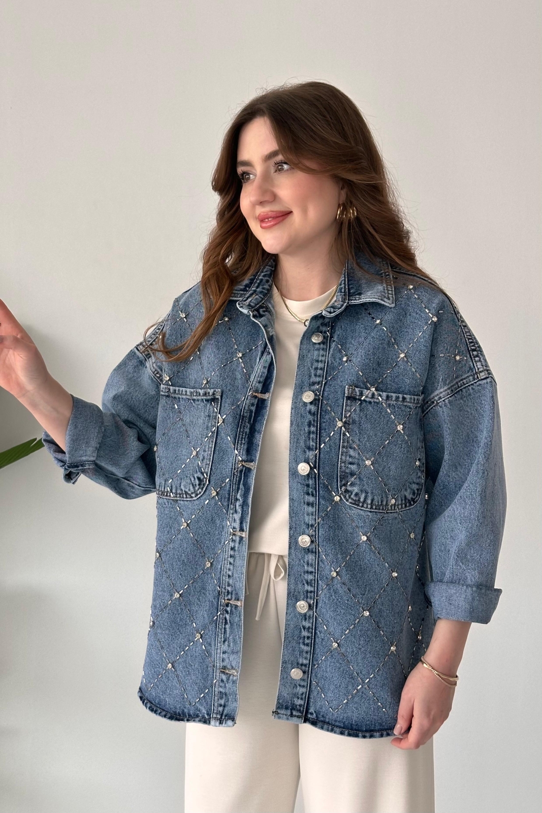 Çapraz Taşlı Denim Ceket Mavi - Thumbnail