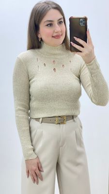 Damla Yaka Triko Kazak Bej - Thumbnail