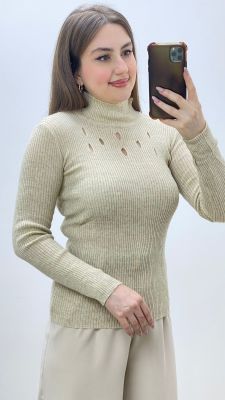 Damla Yaka Triko Kazak Bej - Thumbnail