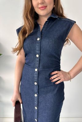 Düğme Detay Denim Elbise Lacivert - Thumbnail