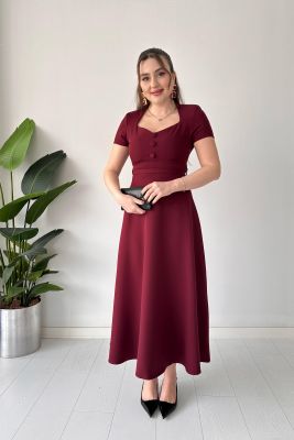 Düz Kemerli Elbise Bordo - Thumbnail