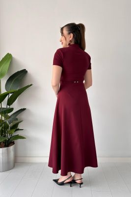 Düz Kemerli Elbise Bordo - Thumbnail