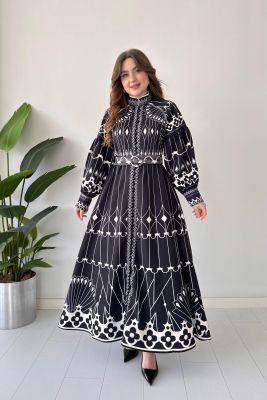 Etnik Tasarım Elbise Siyah - Thumbnail
