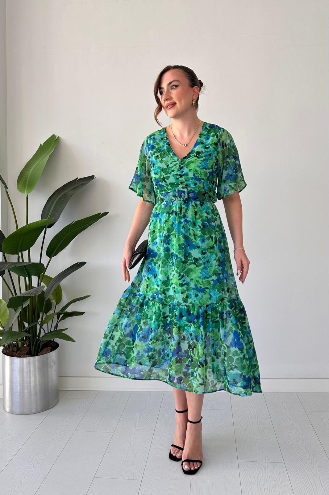 Floral Kemerli Şifon Elbise Yeşil - Thumbnail
