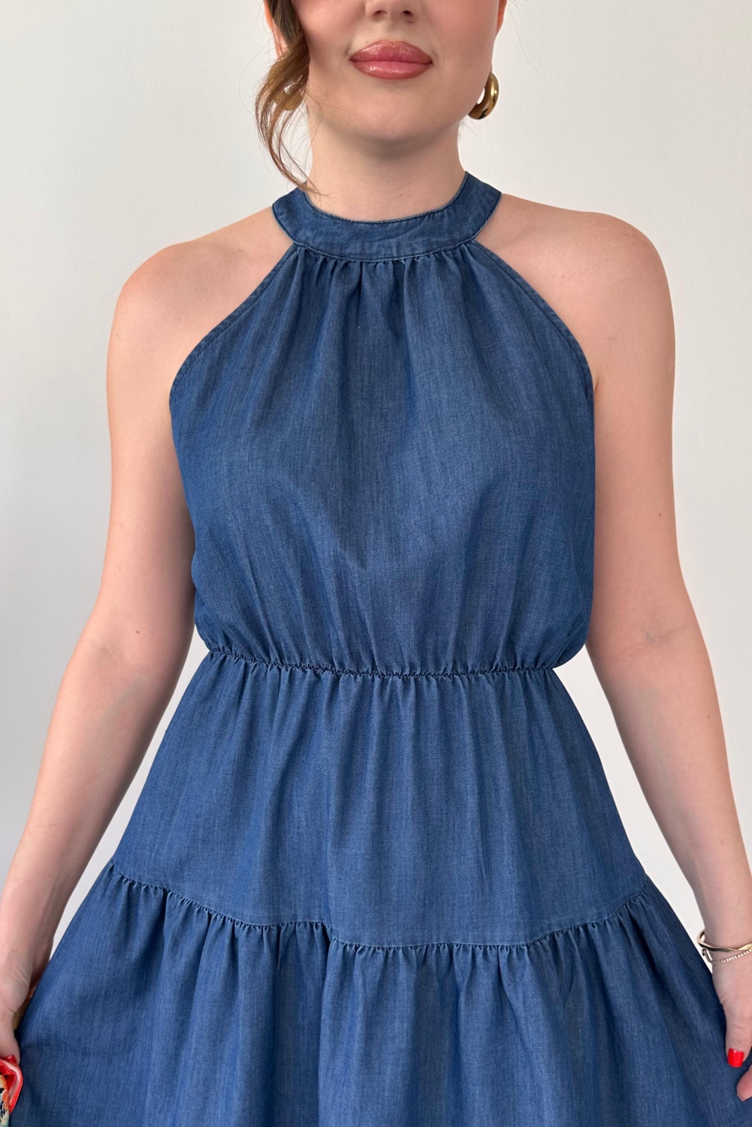 Halter Denim Elbise Lacivert - Thumbnail