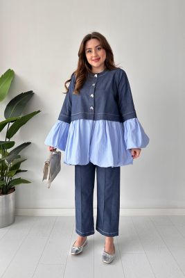 Kalp Düğmeli Denim Takım Lacivert - Thumbnail