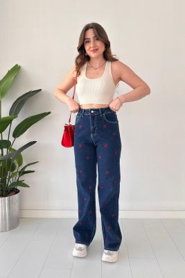 Kalp Nakışlı Denim Jean Lacivert - Thumbnail