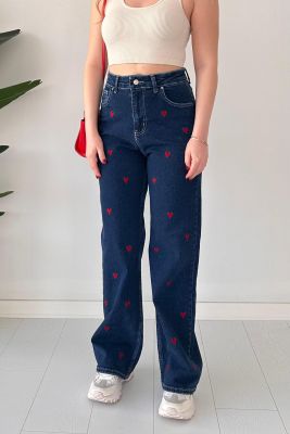 Kalp Nakışlı Denim Jean Lacivert - Thumbnail