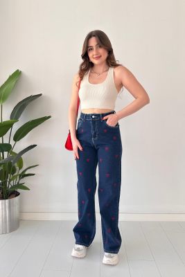 Kalp Nakışlı Denim Jean Lacivert - Thumbnail