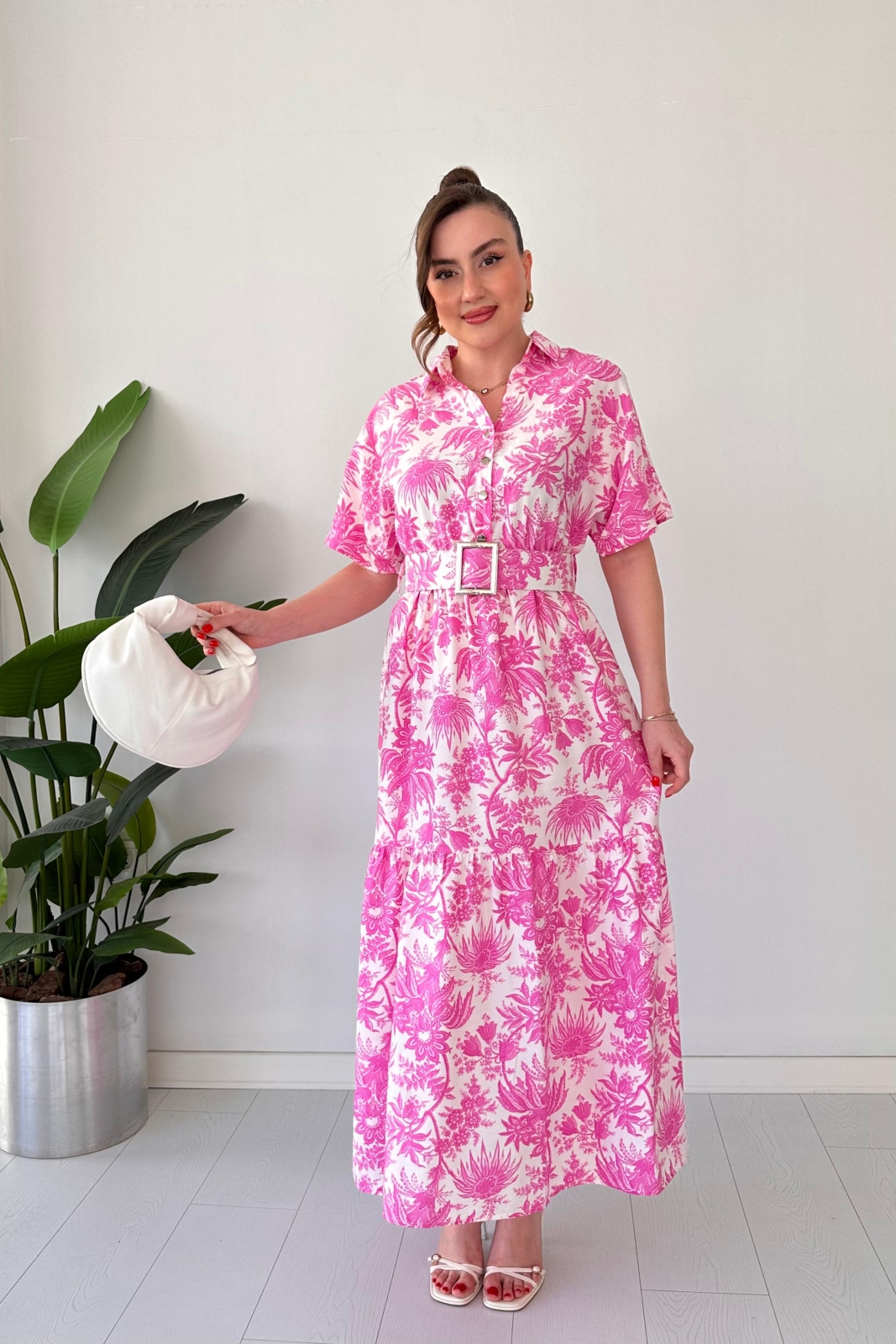 Kemerli Floral Elbise Pembe - Thumbnail