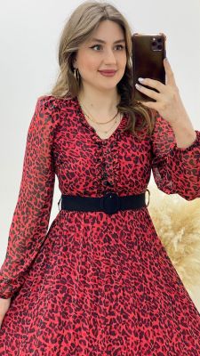 Kemerli Leopar Desen Şifon Elbise Kırmızı - Thumbnail