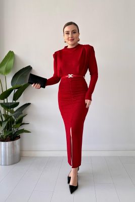Kemerli Simli Elbise Kırmızı - Thumbnail