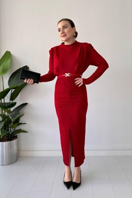 Kemerli Simli Elbise Kırmızı - Thumbnail
