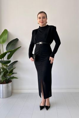 Kemerli Simli Elbise Siyah - Thumbnail