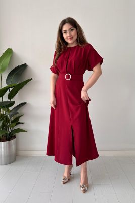 Kemerli Tasarım Elbise Bordo - Thumbnail