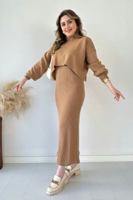 Kısa Kazaklı Triko Elbise Camel - Thumbnail