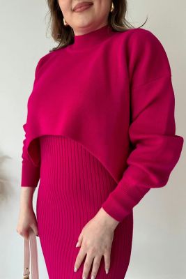Kısa Kazaklı Triko Elbise Pembe - Thumbnail
