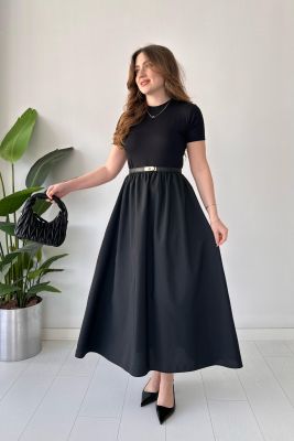 Kısa Kol Eteği Poplin Elbise Siyah - Thumbnail