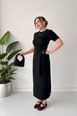 Kısa Kollu Bağlama Elbise Siyah - Thumbnail