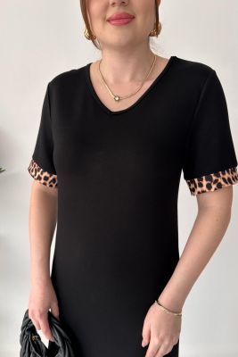 Leopar Biyeli Modal Elbise Siyah - Thumbnail