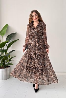Maksi Leopar Şifon Elbise Siyah - Thumbnail