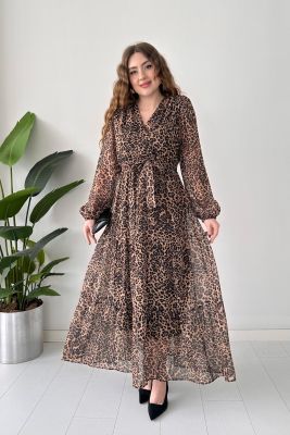 Maksi Leopar Şifon Elbise Siyah - Thumbnail