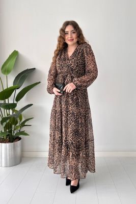 Maksi Leopar Şifon Elbise Siyah - Thumbnail