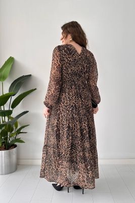 Maksi Leopar Şifon Elbise Siyah - Thumbnail