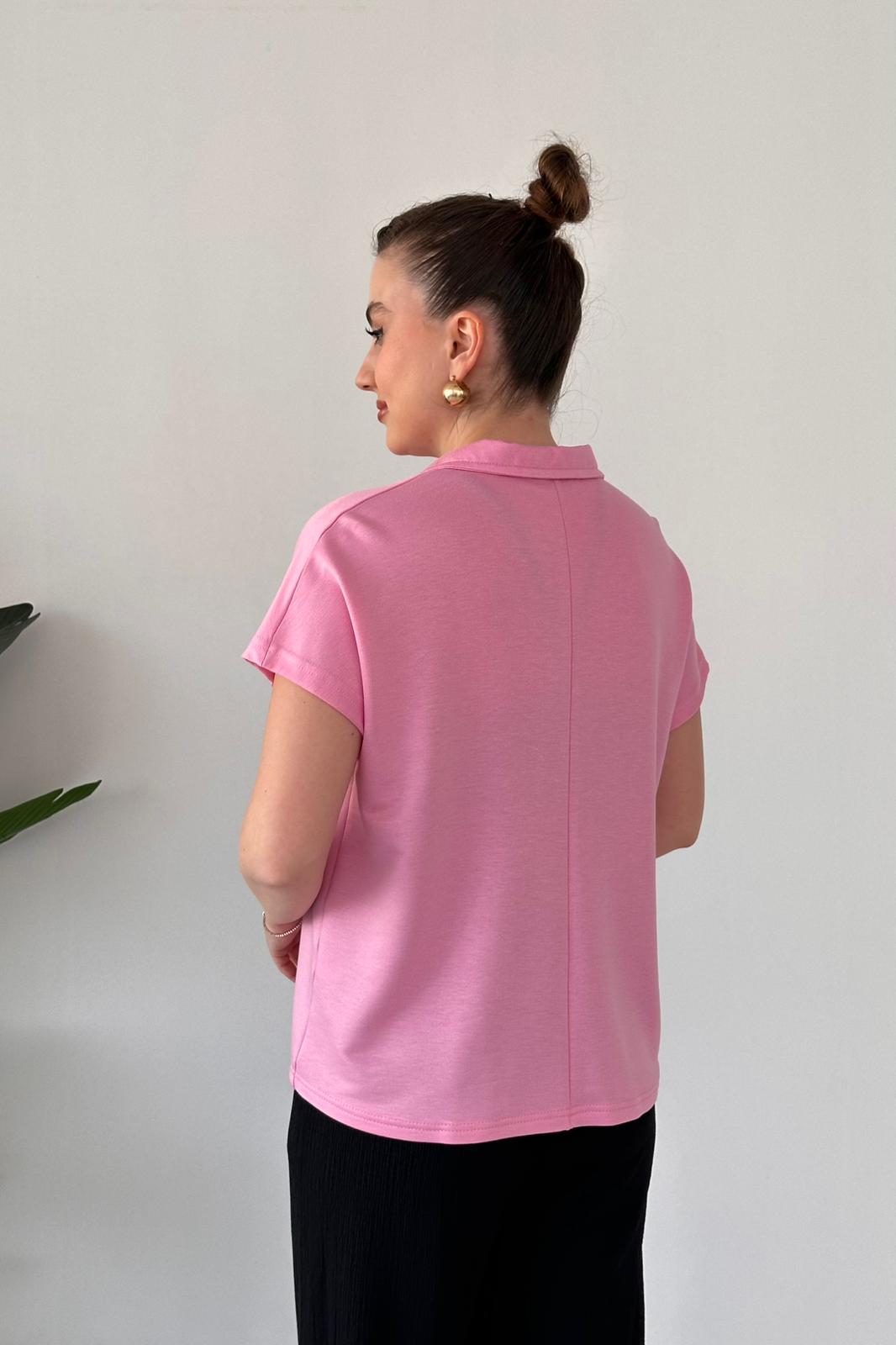 Modal Polo Bluz Pembe - Thumbnail