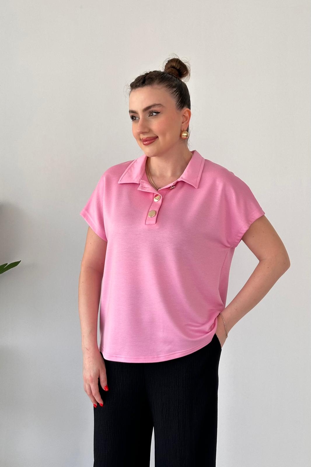 Modal Polo Bluz Pembe - Thumbnail