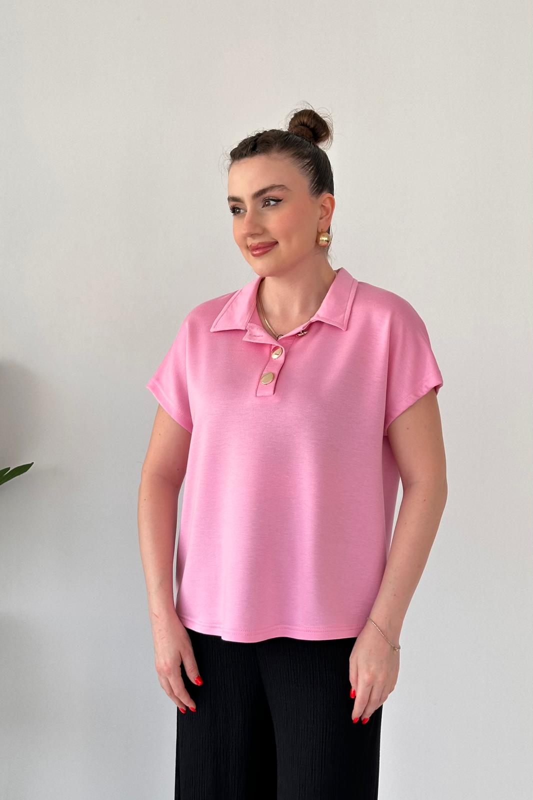 Modal Polo Bluz Pembe - Thumbnail