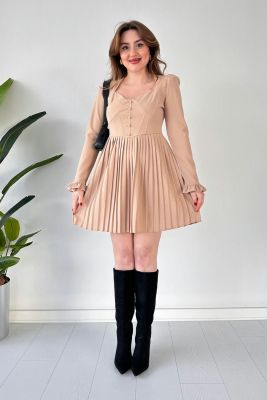 Piliseli Krep Elbise Bej - Thumbnail