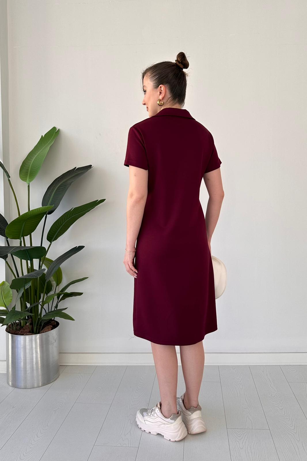 Polo Yaka Basic Elbise Bordo - Thumbnail