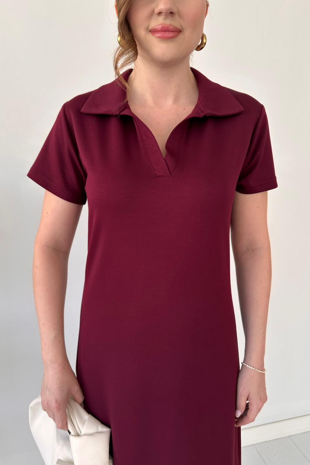 Polo Yaka Basic Elbise Bordo - Thumbnail