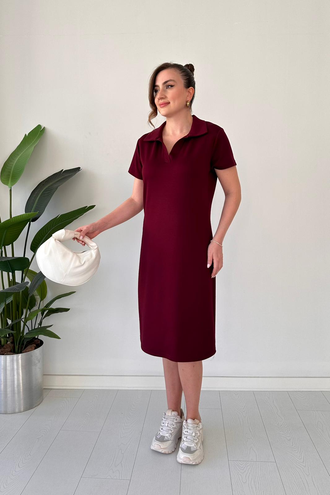 Polo Yaka Basic Elbise Bordo - Thumbnail
