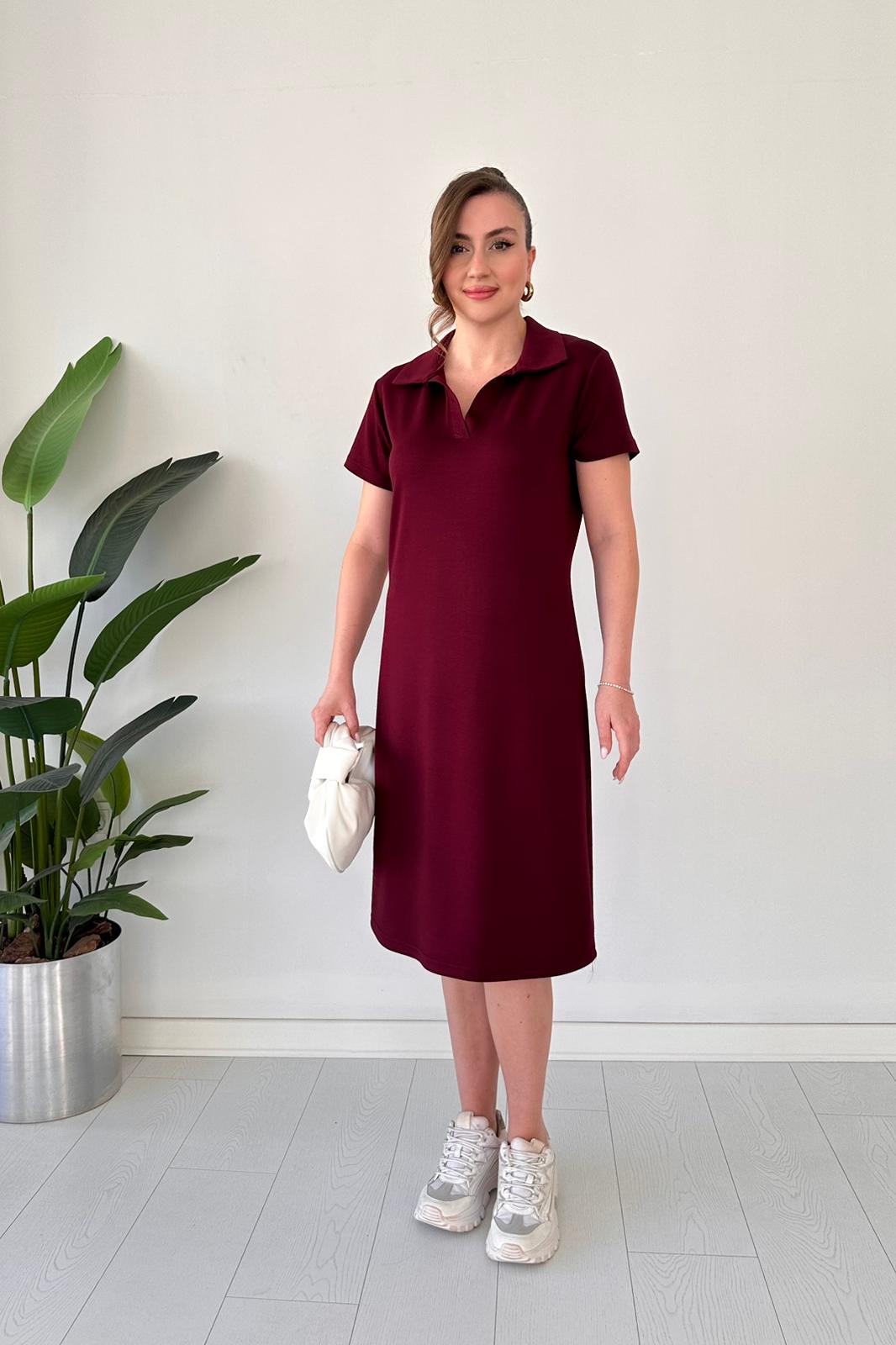 Polo Yaka Basic Elbise Bordo - Thumbnail