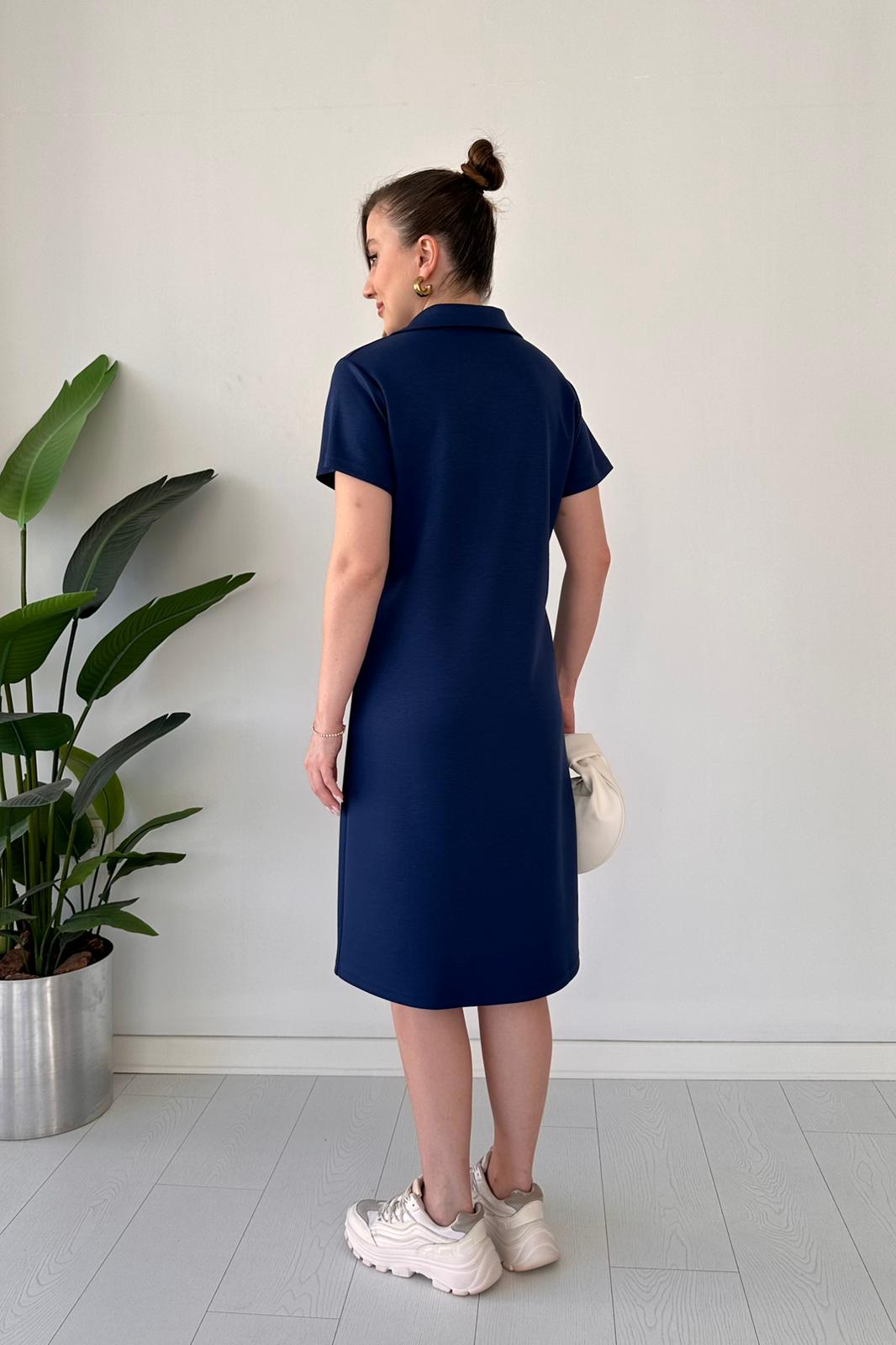 Polo Yaka Basic Elbise Lacivert - Thumbnail