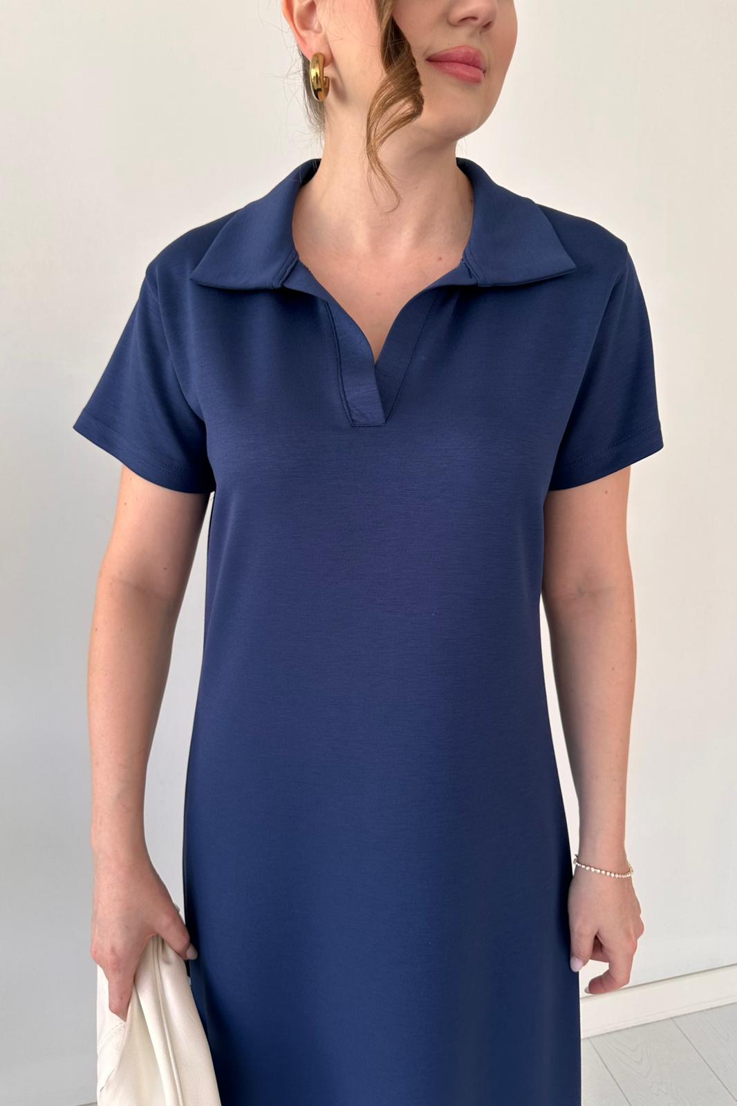 Polo Yaka Basic Elbise Lacivert - Thumbnail