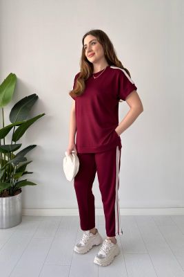 Şeritli Kısa Kol Takım Bordo - Thumbnail